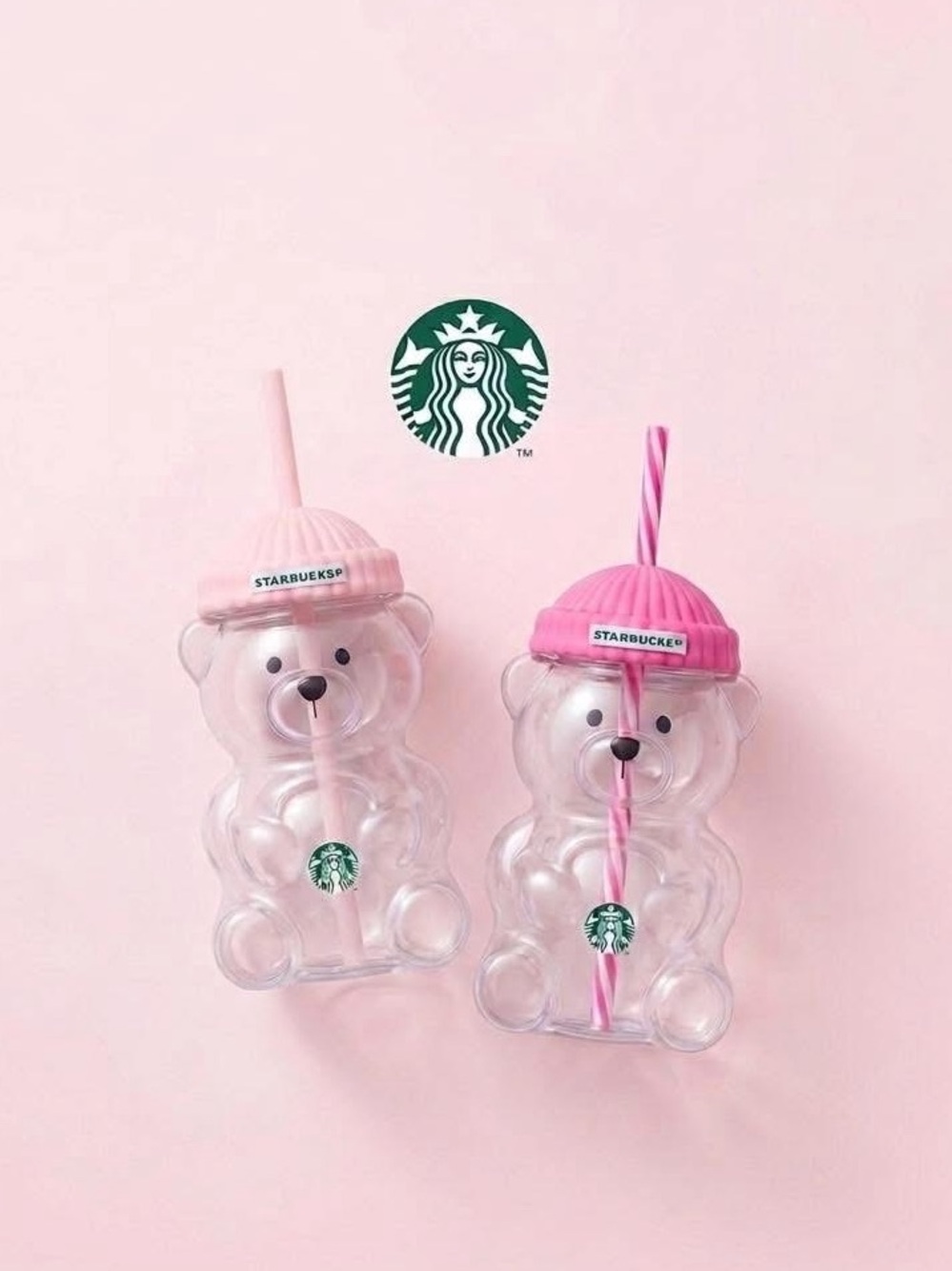 Rare Starbucks Glass Bear Cup with Pink Beanie Lid and Straw - Korea Exclusive